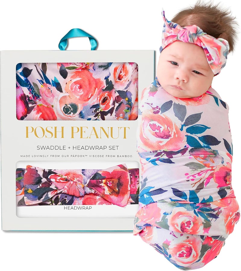 Posh Peanut Swaddle Blanket & Headband Set â€“ Viscose from Bamboo Stretchy Baby Swaddle for Newborn Girls, Receiving Blanket or Nursing Cover - Image 1